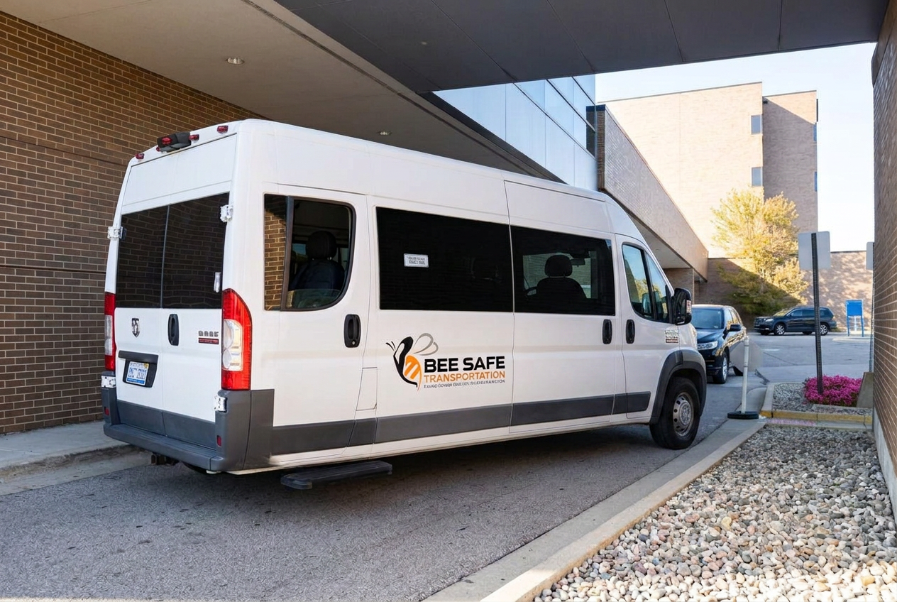 Bee Safe Transportation van at a medical facility drop-off entrance