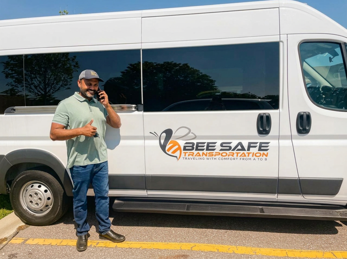 Friendly Bee Safe Transportation driver next to a white passenger van